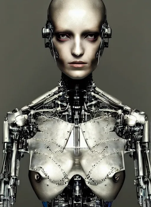 Prompt: beautiful young cybernetic woman, body metal skin complicated robotics, half human, half robotic, cyborg, art by paolo roversi