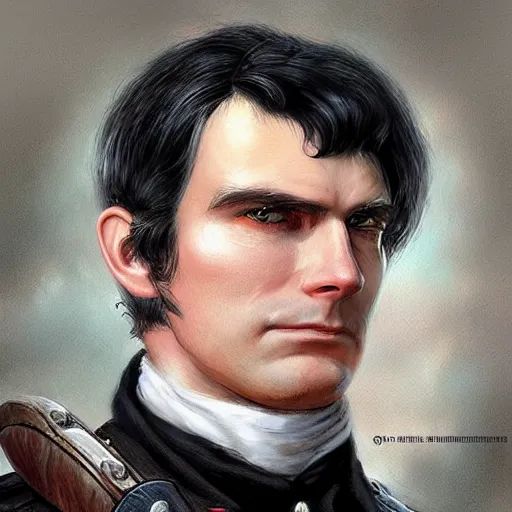 Prompt: a clean shaven confederate general with puffy black sideburns short black hair a side part and a square face, an english man, dnd character art, painting by artgerm and ed binkley, HDR color