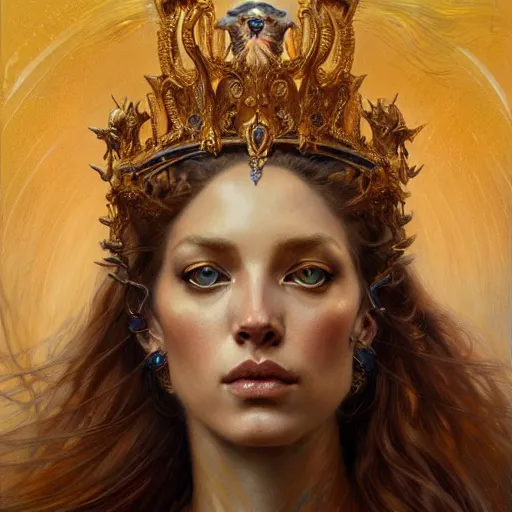 Image similar to highly detailed portrait of a majestic lioness queen in the form of a beautiful woman. d & d. art by eugene delacroix, donato giancola, anna dittmann. trending on artstation, intricate details, energetic composition, golden ratio, concept art, illustration, elegant art, global illuminaition