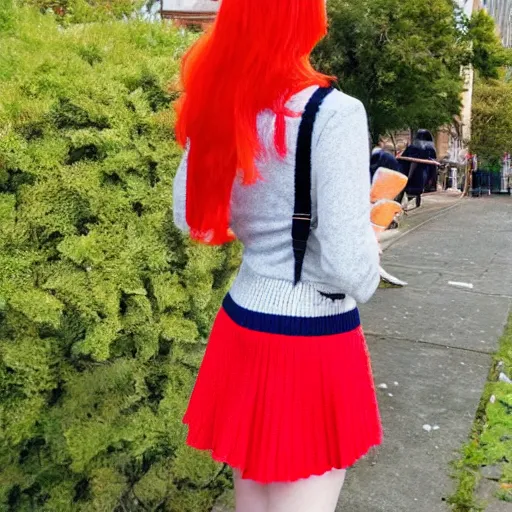 Prompt: photograph of a woman with straight red hair from the back wearing a backpack, knit sweater, and cute skirt by teen vogue