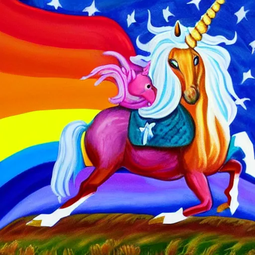 Image similar to a painting of donald trump riding a rainbow unicorn