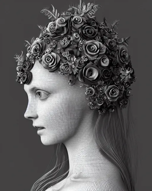 Image similar to mythical dreamy black and white organic bio - mechanical spinal ribbed profile face portrait detail of translucent steampunk beautiful female angelic - human - queen - vegetal - cyborg, highly detailed, intricate crystal ivy jelly ornate, poetic, translucent roses ornate, 3 d render, digital art, octane render, 8 k artistic photography, photo - realistic, by dora maar