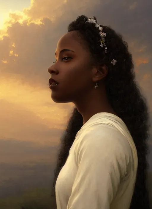 Image similar to oil painting close up portrait of a contemplative young black woman with long dark flowing hair in a white dress, wearing a crown of lilies of the valley at sunset, hazy, digital art, chiaroscuro, artstation, cinematic, golden hour, digital art painting by greg rutkowski, william - adolphe bouguereau, hazy atmosphere, cinematic lighting