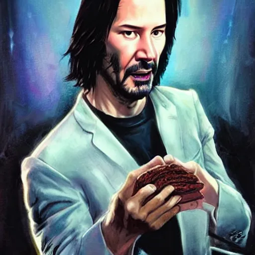 Image similar to keanu reeves eating a sandwich as a quirky cyberpunk wizzard, dark-hair, intricate, elegant, highly detailed, smooth, sharp focus, detailed face, high contrast, dramatic lighting, graphic novel, art by Ardian Syaf and Michael Choi