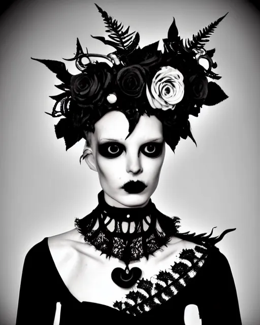 Prompt: surreal dark poetic black and white photo portrait of complex bio-mechanical beautiful young silver female vegetal-cyborg with a fur metal fine lace face, a very long neck and a fine metal floral foliage super big gothic lace collar and high big floral crown with many black dry roses by Vivienne Westwood:: smoke, high fashion, haute couture, rococo, avant-garde, dry black roses, silver filigree details, anatomical, facial muscles, cable wires, microchip, elegant, dreamy, foggy atmosphere, hyper realistic, 150 mm lens, soft rim light, octane render, unreal engine, picture was taken in 1910 by Man Ray, volumetric lighting, dramatic light,8k,