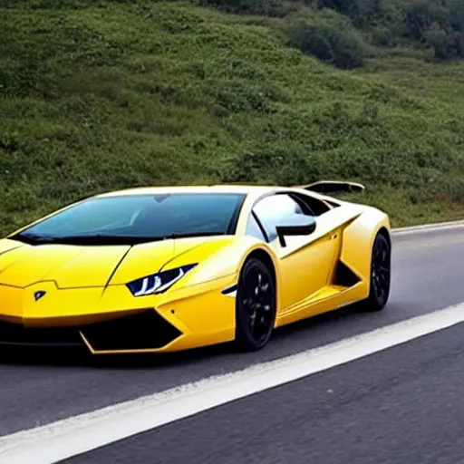 Image similar to Lamborghini driving on highway with three banana peels following directly behind it