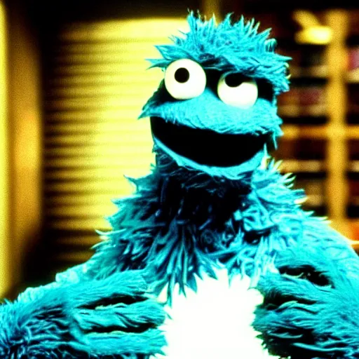 Prompt: Film still of Cookie Monster in the Matrix (1999)