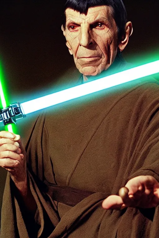 Prompt: photorealistic!! leonard nimoy as a jedi knight, brown jedi robe, holding a green lightsaber, film quality