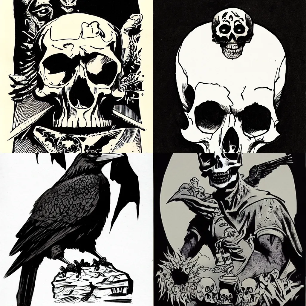 Prompt: crow's skull, heavy ink, by mike mignola