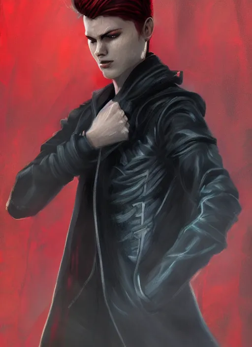 Image similar to An epic fantasy comic book style portrait painting of a young man with black cowlick haircut, wearing black overcoat, red clothes, blue jeans. Unreal 5, DAZ, hyperrealistic, octane render, cosplay, RPG portrait, dynamic lighting