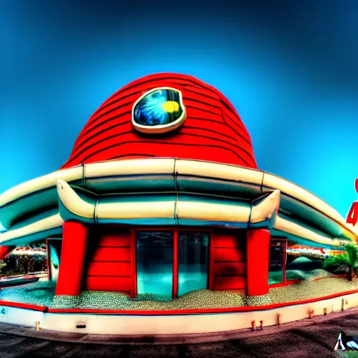 Prompt: 1 9 8 5 crab themed giant aquarium, googie architecture, one point perspective, americana, fishcore, exterior photography, hd 8 k, photography by ansel adams