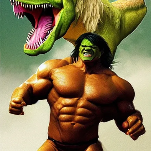 Prompt: hulk hogan riding a tyrannosaurus rex