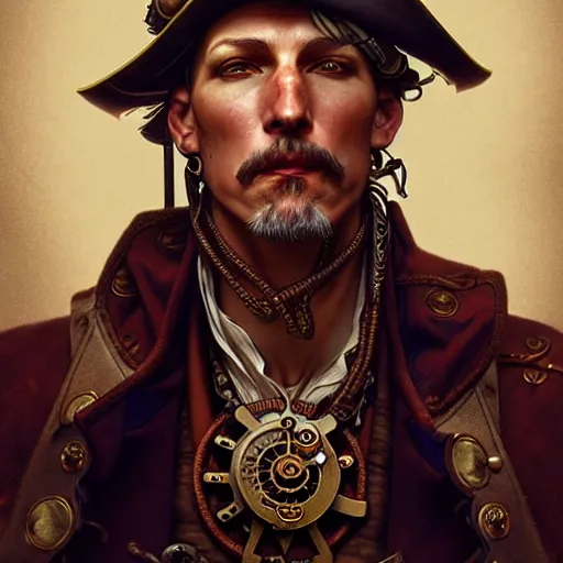 Prompt: steampunk pirate tim cook, fantasy, d & d, intricate, detailed, by by alphonse mucha, adolfo hohenstein, alice russell glenny, stanley artgerm lau, greg rutkowski, detailed, trending on artstation, trending on artstation, smooth