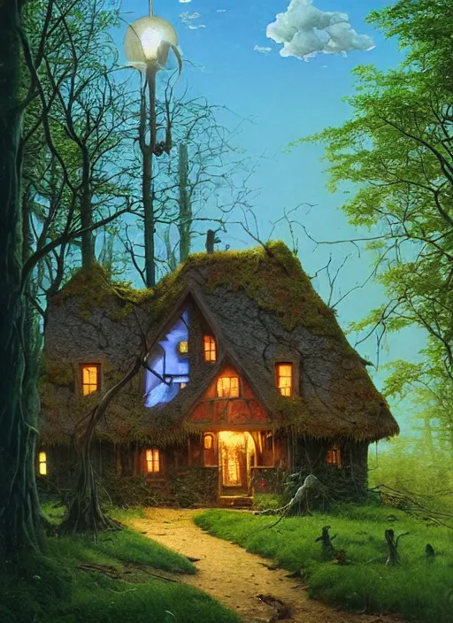 Prompt: hyper realistic witch cottage with solar panels with happy lighting and technology in the woods gorgeous lighting, sunbeams blue sky, lush forest foliage painting by zdzisław beksinski and norman rockwell and greg rutkowski weta studio, and lucasfilm