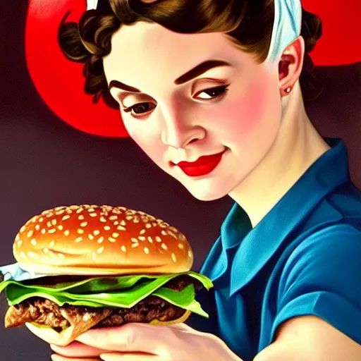 Prompt: oil painting of rosie the riveter eating big mac hamburgers, intricate, elegant, highly detailed, lighting, inspirational ethereal feminine painting, artstation, smooth, illustration, art by greg rutowski and alphonse mucha