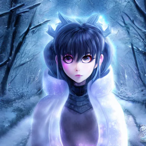 Prompt: focus face portrait of beautiful darkness knight 3D anime girl, icy armor wearing, dark forest background, snowing, bokeh, inspired by Masami Kurumada, digital painting, high contrast, unreal engine render, volumetric lighting, high détail