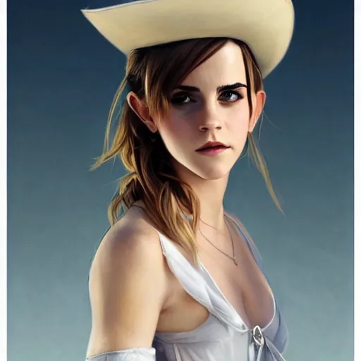 Image similar to sensual emma watson wearing a hat and a dress, looking seductive, cowgirl, hyperrealistic, artgerm, greg rutkowski, artstation, highly detailed