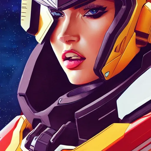 Image similar to portrait of stunning megan fox gundam pilot, with an intricate, detailed, urban inspired hiphop afro futuristic helmet, vector behance hd jesper ejsing, rhads, makoto shinkai, lois van baarle, ilya kuvshinov, rossdraws, hd, 3 2 k, ilya kuvshinov, gustav klimt