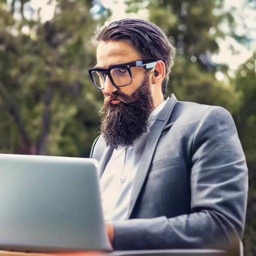 Prompt: a man wearing a suit working with a laptop, short hair, glasses, beard, sunny day, photography, highly defined features, hdr,