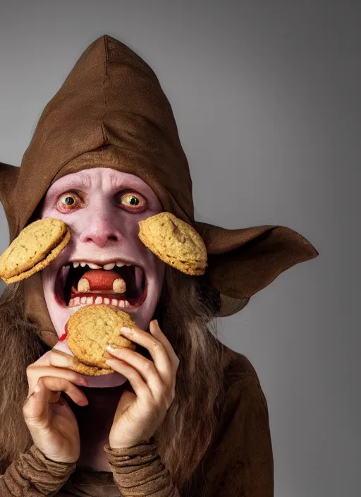 Prompt: closeup portrait of a female medieval goblin eating cookies, depth of field, zeiss lens, detailed, symmetrical, centered, fashion photoshoot, by Annie Leibovitz and Steve McCurry, David Lazar, Jimmy Nelsson, Breathtaking, 8k resolution, extremely detailed, beautiful, establishing shot, artistic, hyperrealistic, beautiful face, octane render