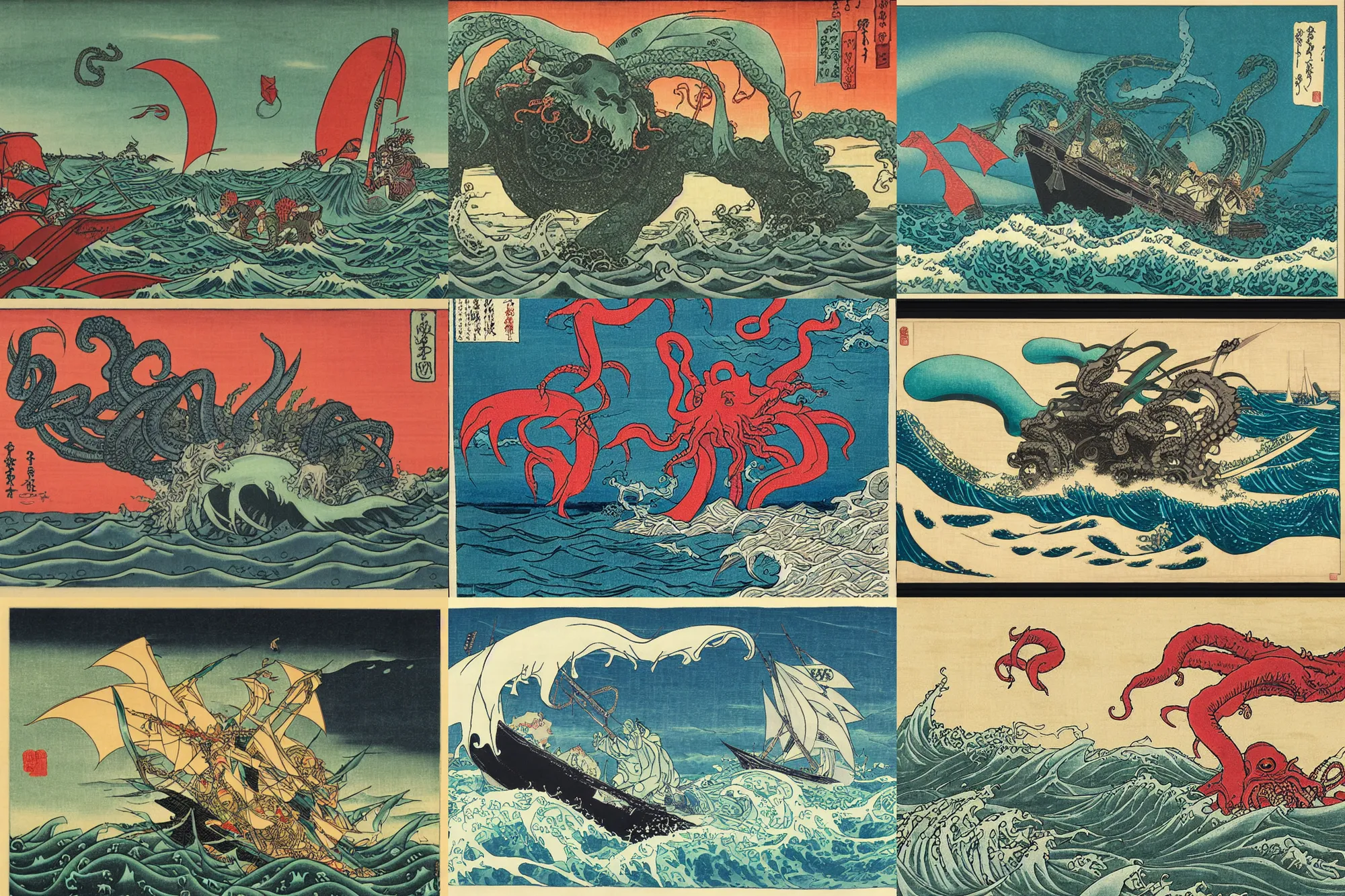 Prompt: cthulhu on the ocean attacking boats, ukiyo - e