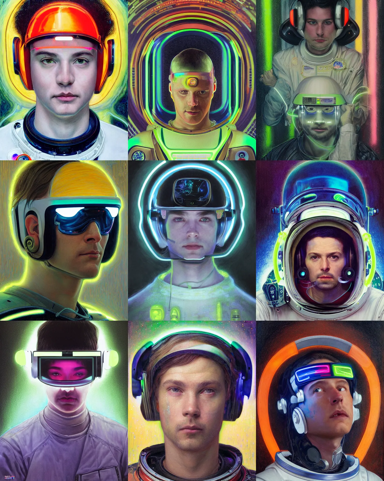 Prompt: future coder looking on, glowing visor over eyes with sleek neon headset, neon accents, desaturated headshot portrait painting by donato giancola, dean cornwall, gustav klimt, edmund dulac, alex grey, alphonse mucha, astronaut cyberpunk electric fashion photography white stubble 8 5 mm