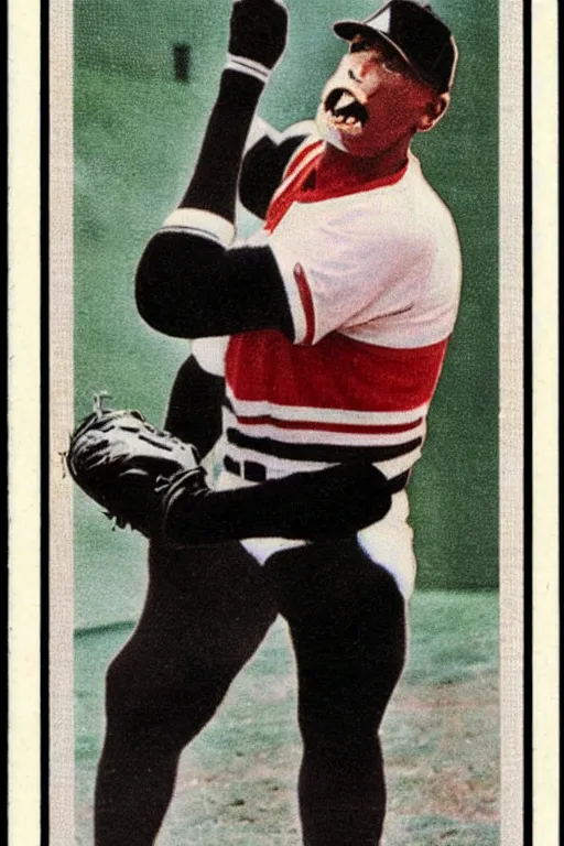 Prompt: baseball card of a gorilla wearing a striped jersey