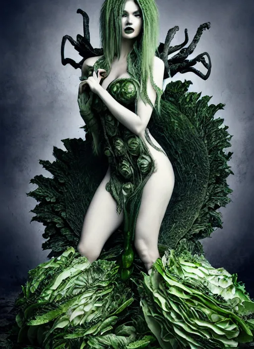 Image similar to expressive full body photo of demoness, dress made of cabbages, glamour shot, by karol bak, stefan gesell, photorealistic, nikon d 4 x, fashion photography, hyper maximalist, elegant, ornate, luxury, elite, environmental portrait, symmetrical features, octane render, unreal engine, solid dark grey background, dramatic lights