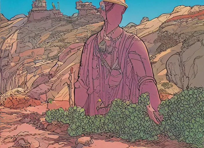 Image similar to Gran Canaria at the style of Moebius, fine details