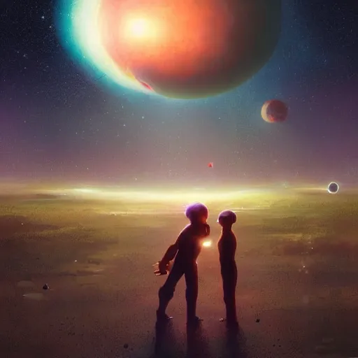 Prompt: digital painting of two humanoid robots hugging each other, supernova in the background, stars and planets and galaxy, stunning, surreal, cinematic lighting, concept art by greg rutkowski and simon stalenhag