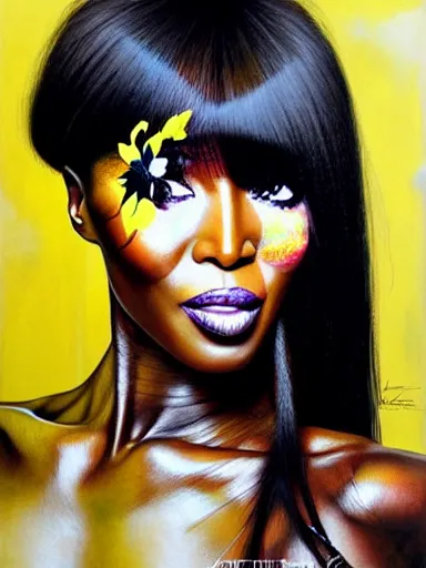 Prompt: portrait of naomi campbell with a floral background : : painted by artgerm, karol bak, artur bordalo, sandra chevrier : : portrait, character, illustration, hyperrealism, photorealism