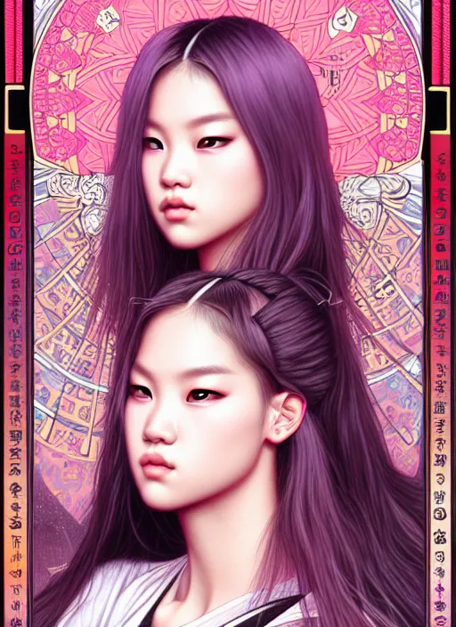 Image similar to jossi of blackpink, samurai, tarot card, highly detailed, digital painting, smooth, sharp focus, illustration, ultra realistic, 8 k, art by artgerm and alphonse mucha