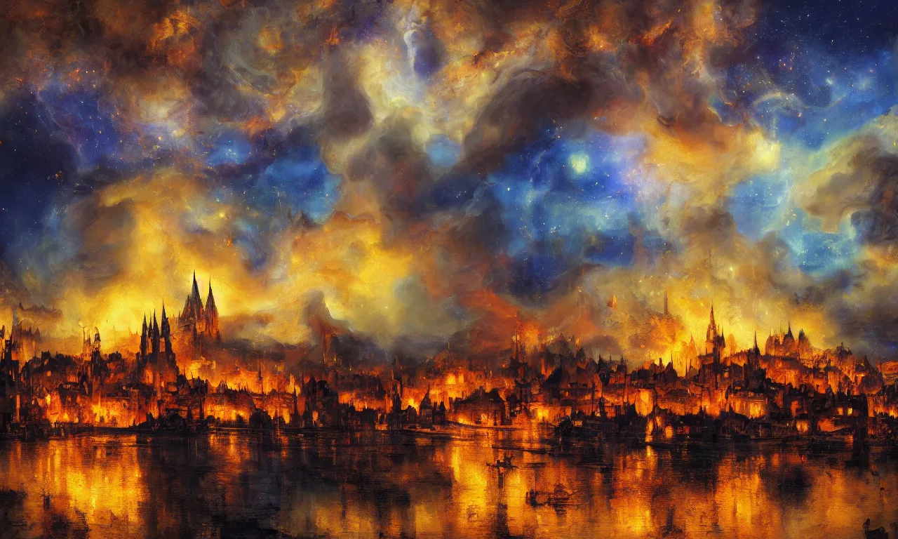 Prompt: breathtaking oil painting of a fiery medieval city landscape with moody dark tumultuous clouds, palette knife, at blue dawn with strokes of light and golden petals flying, galaxy and cosmos nebulae, art nouveau cathedral on the shore, rembrandt style, concept art, matte, by georgia hart,