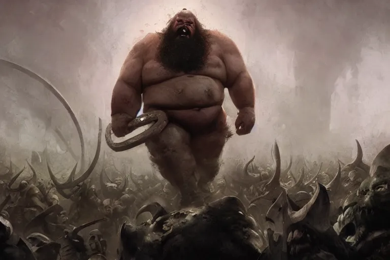 Prompt: worm's eye view of braun strowman as a huge hulking viking laughing with fat bald warriors at night in fog, painted by phil hale and greg rutkowski jack kirby and jeremy mann, arstation atmospheric character art, based on ogre kingdoms by cos koniotis