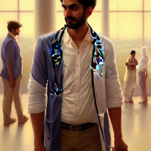 Image similar to Anxious good looking pale young Indian doctors wearing American clothes at the airport, portrait, elegant, intricate, digital painting, artstation, concept art, smooth, sharp focus, illustration, art by artgerm and greg rutkowski and alphonse mucha