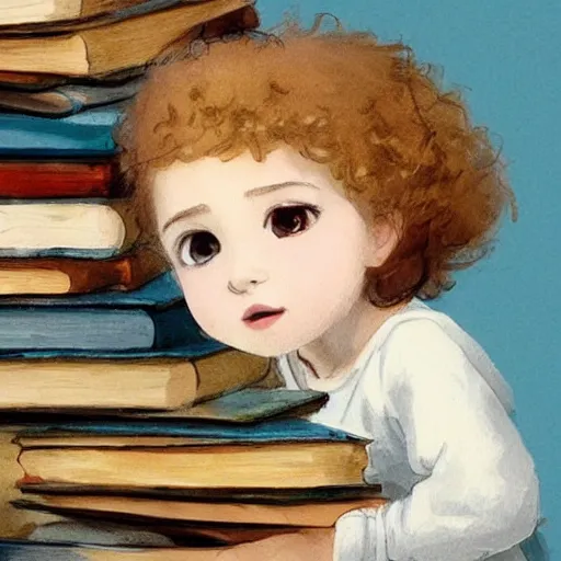 Prompt: a cute little girl with a round cherubic face, blue eyes, and short curly light brown hair sitting on top of a stack of books. beautiful 2 d cartoon painting with highly detailed face by quentin blake and greg rutkowski