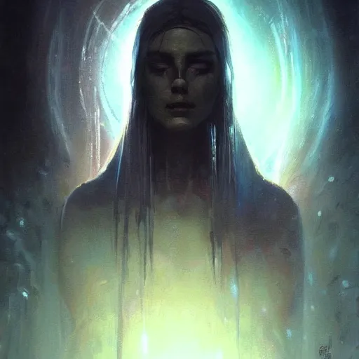 Image similar to a hyperrealistic acrylic on canvas portrait painting of a beautiful alien priestess by Greg Rutkowski, Artgerm and Beksinski. Epic fantasy art. Volumetric lighting. Night scene.