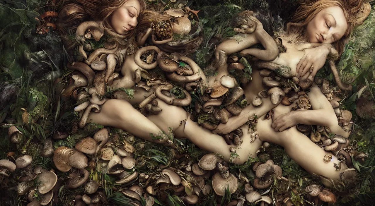 Prompt: a bio - mechanical pretty sleeping giant woman with mushrooms as camouflage highly detailed, cinematic, perfect face, cyberpunk, fine details, studio lighting, subtle shadows, art by hieronymus bosch, photo - realism, hyper realism, octane render