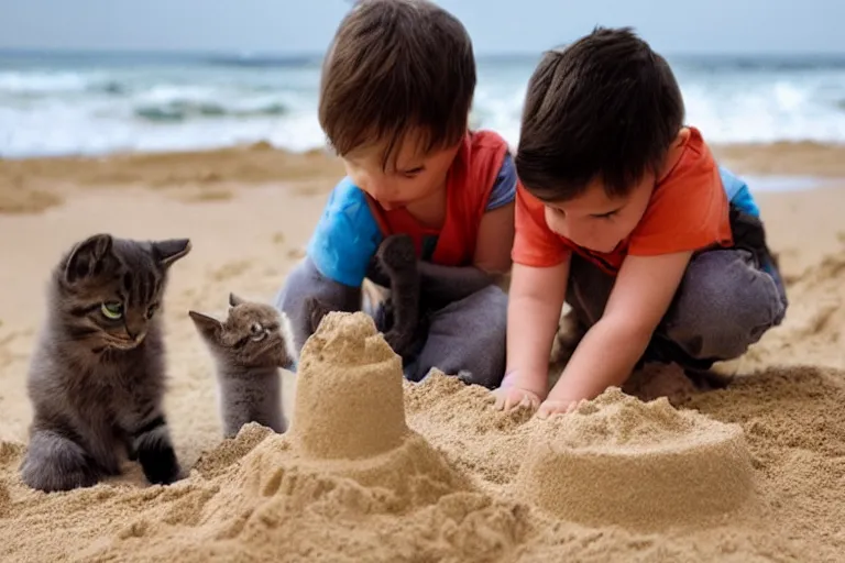 Image similar to two kittens and two children touching a sand castle