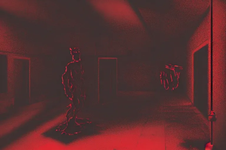 Image similar to cctv footage of an extremely dark empty room with evil horror humanoid cryptid monster made out of static, dark deep black shadows, crimson red and black color contrast in the style of trevor henderson and james ensor goya, liminal space, 3 d render, glitch effect