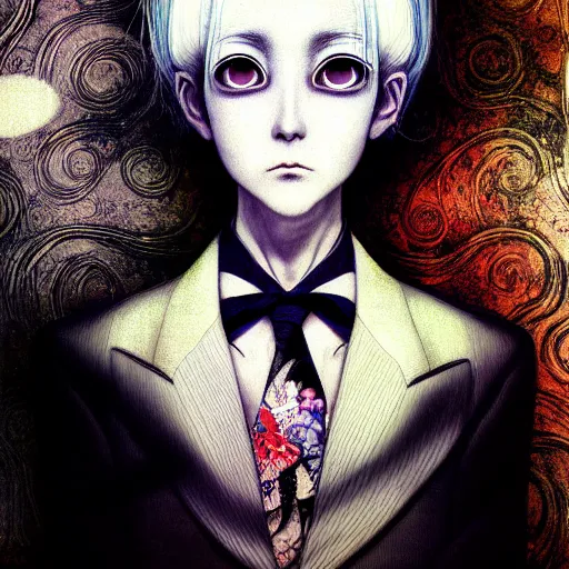 Image similar to yoshitaka amano blurred and dreamy realistic portrait of a woman with white hair and black eyes wearing dress suit with tie, junji ito abstract patterns in the background, satoshi kon anime, noisy film grain effect, highly detailed, renaissance oil painting, weird portrait angle, blurred lost edges, three quarter view