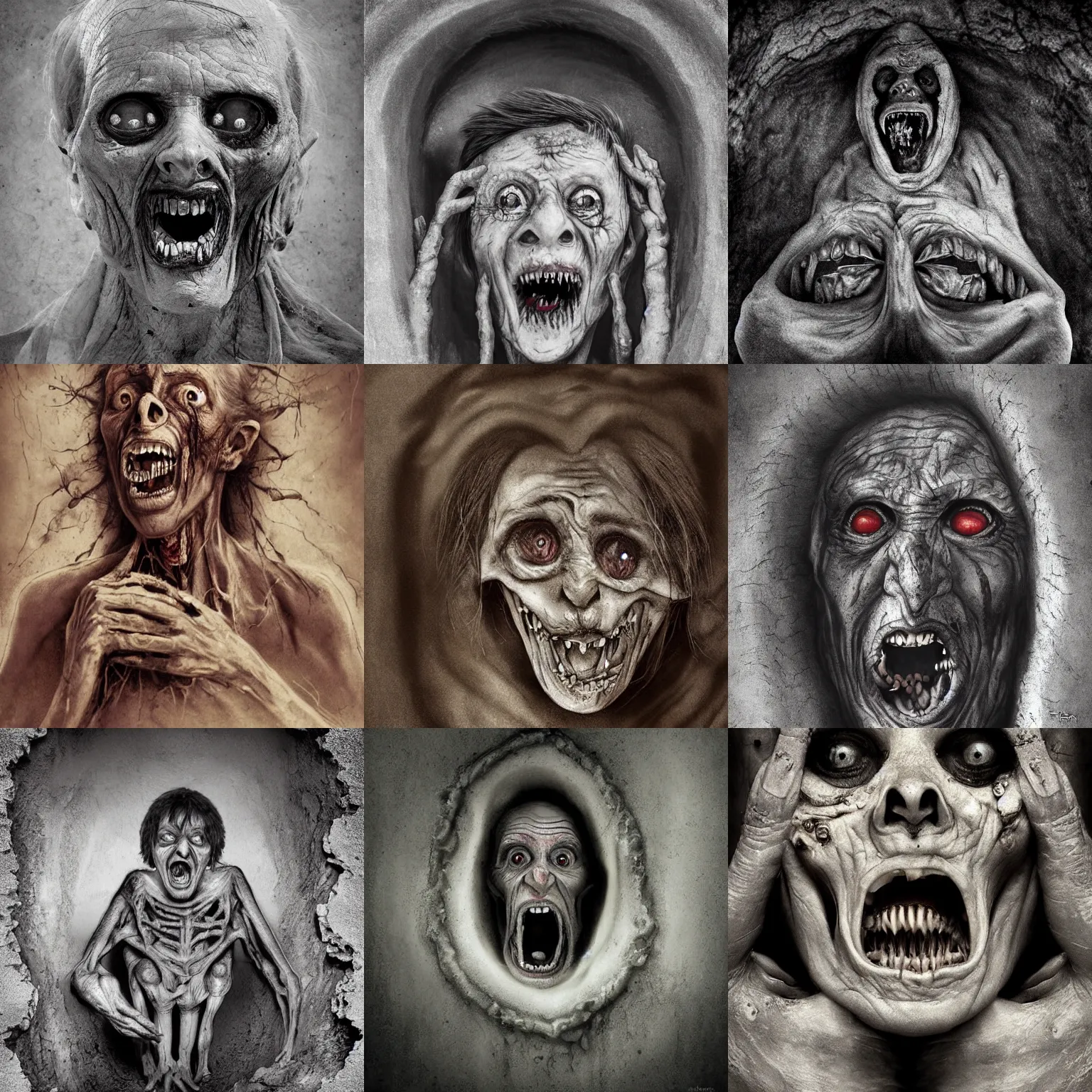Prompt: portrait of a creepy old lady screaming creeping out of a hole, anatomy, morbid, macabre, dark lighting, highly detailed, decay teeth, black and white gainy film, vignette, matte painting by maxim verehin