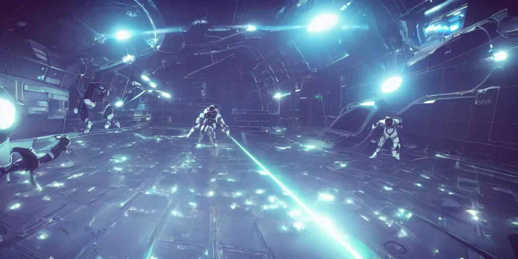 Image similar to futuristic spacemen firing lasers in zero gravity, skintight suits, floating, floating polygon shapes as obstacles, surrounded by a laser grid, unreal engine, lensflares, low perspective