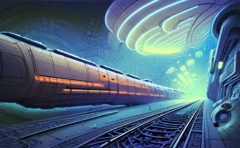 Image similar to urban train design only! 2 0 5 0 s retro future art 1 9 7 0 s science fiction borders lines decorations space machine, mech, robot. muted colors. by jean - baptiste monge, ralph mcquarrie, marc simonetti, 1 6 6 7. mandelbulb 3 d, fractal flame, jelly fish, coral, cinematic lightning