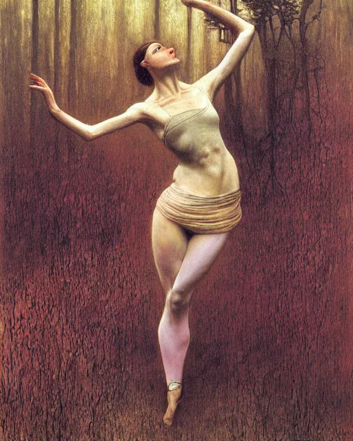 Image similar to the ballerina seen at the end of a human's life, painted by zdzislaw beksinski and artgerm alphonse mucha