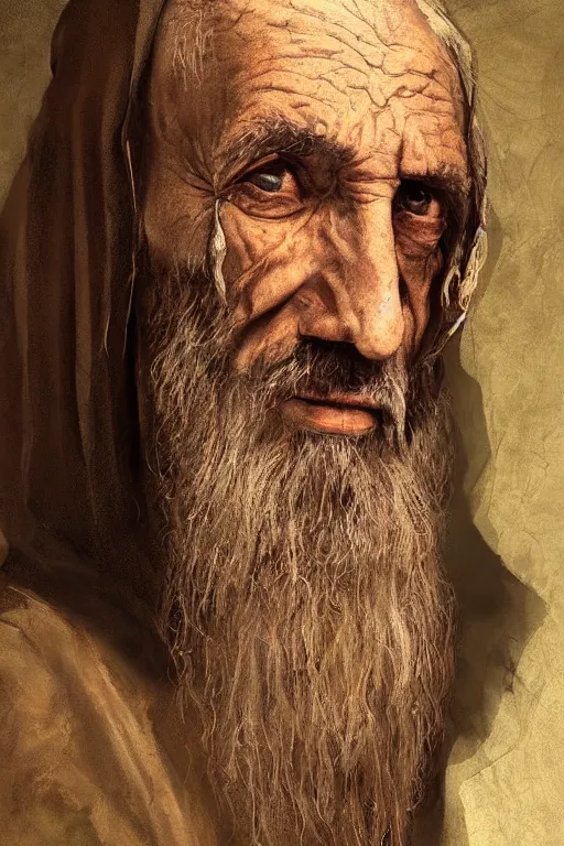 Image similar to portrait, headshot, digital painting, of a 15th century, beautiful, old aged, middle eastern, wrinkles, wicked, desert merchant man, dark hair, amber jewels, baroque, ornate dark green clothing, scifi, futuristic, realistic, hyperdetailed, concept art, chiaroscuro, side lighting, art by waterhouse