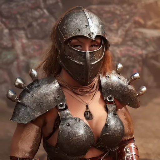 Prompt: muscular woman warrior wearing rusty medieval armor, covered in realistic armor, old rusty metal, digital art, octane render, trending on artstation