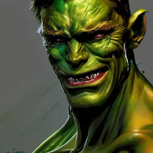 Prompt: the green goblin closeup portrait, dramatic light, lake background, 2 0 0 mm focal length, painted by stanley lau, painted by greg rutkowski, painted by stanley artgerm, digital art, trending on artstation