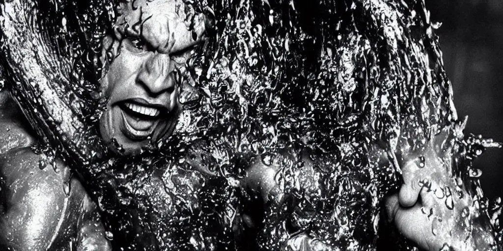 Image similar to 1 9 9 0's wwe publicity photo, a giant muscular man covered in wet reflective slime crawling out of a giant slimy wet cocoon, screaming in agony, inside a secret occult dark evil lab, ultra - detailed, photorealistic