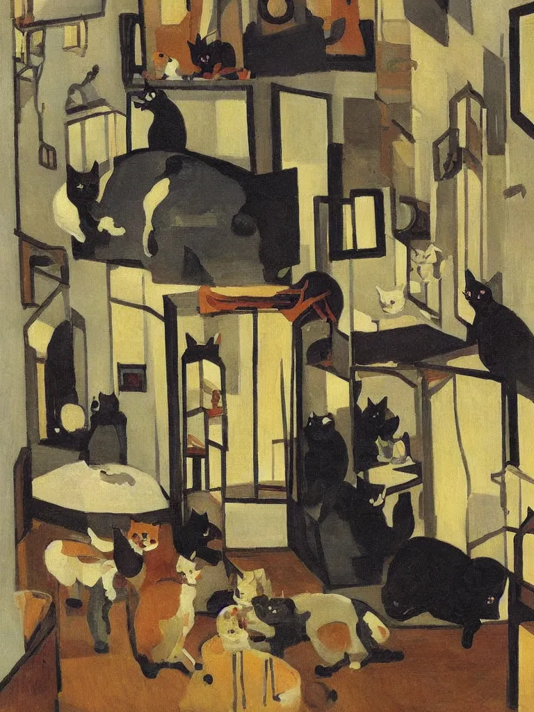 Image similar to cats travel around the apartment in a surreal home, by robert antoine pinchon, in the style of edwige fouvry, dark surrealism, open ceiling